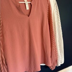 Set of 2, pink & white Blouses with Textured Sleeves